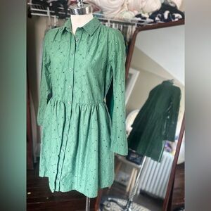 J. Crew Green Eyelet Button-Front Long-Sleeve Dress